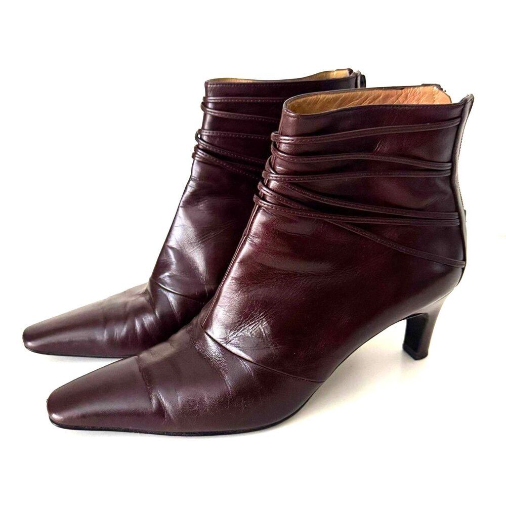 Charles Jourdan Oxblood Leather Ankle Boots 7B Pointed Toe Strappy Vintage Y2K